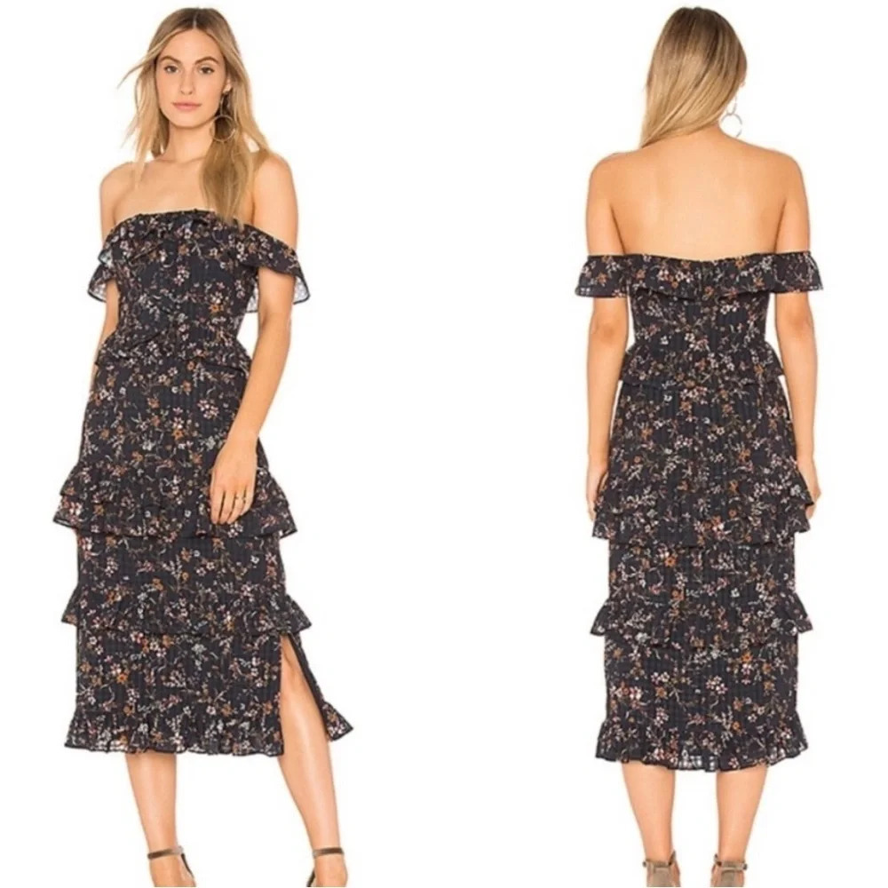 Tularosa Revolve Black Lily Floral Tiered Dress Off The Shoulder